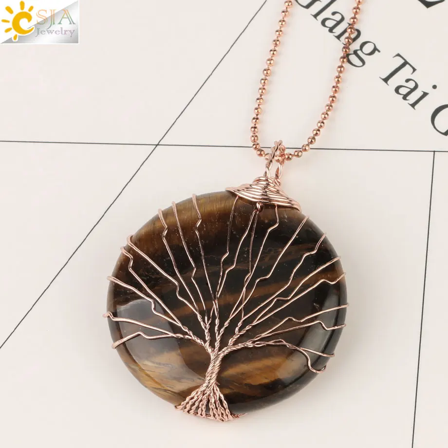 Tiger Eye-Chain Csja розовое золото цвет Дерево жизни проволока обёрточная Подвеска Ожерелье круглые натуральные камни кварцевый кристалл ручной работы ювелирные изделия для женщин мужчин G155 - Окраска металла: Tiger Eye-Chain