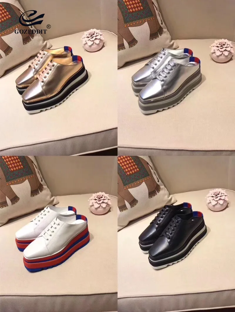 

GOZEDDIT Summer Slip on Women Slippers Soft Cow Leather Lady Mules 7cm Wedge Flat Platform Shoes Stella Slides