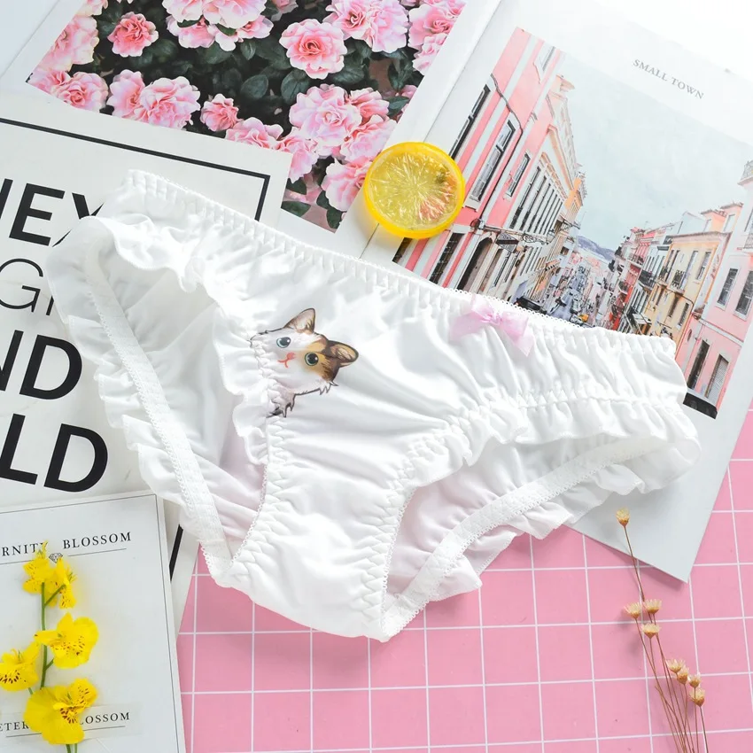 

Women briefs Sexy ruffled satin cat Panties pretty girls animal print underwear kawaii sweet lovely milk silk japanese lingerie