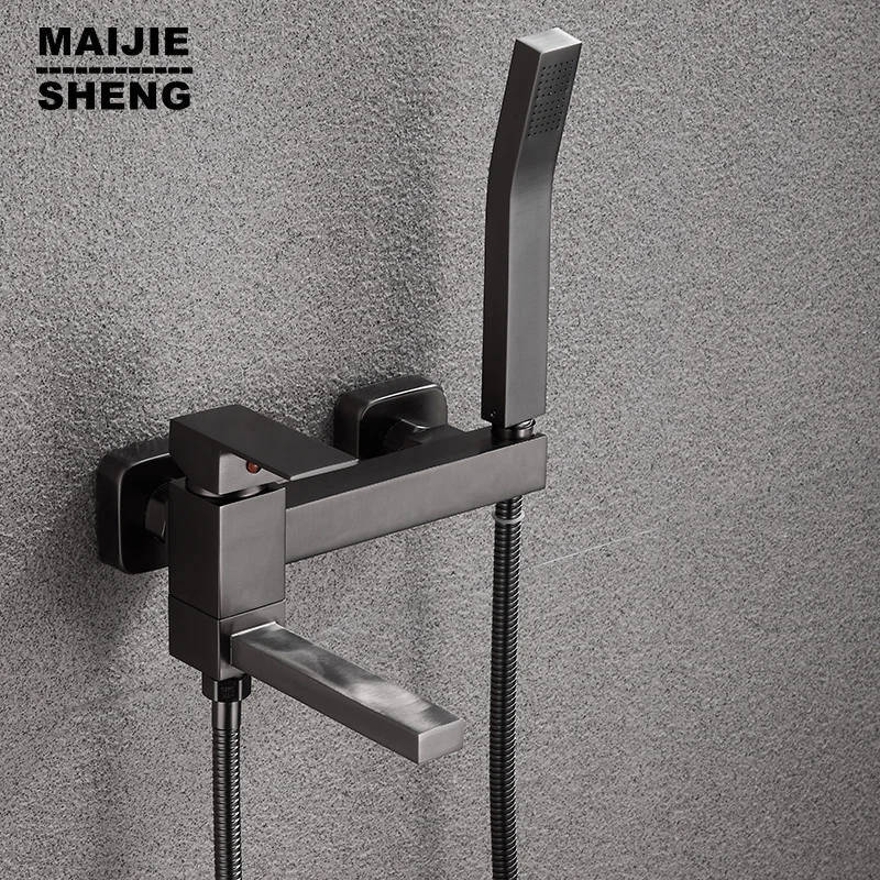 

Bathroom Tub Gunmetal Faucet Single Handle Spout Mixer Tap with Hand Shower Wall Mounted Bath Faucet Bathtub Faucet Water Mixer