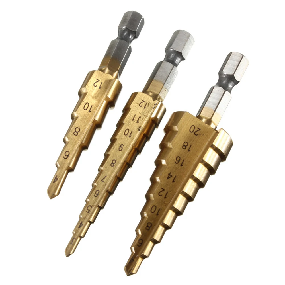 

3pcs HSS Titanium Coated Step Drill Bit Metal 3-12mm 4-12mm 4-20mm Cone Cut High Speed Steel Wood Drilling Power Tools
