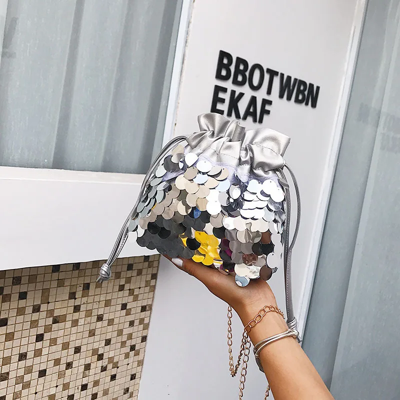 

Sequin Bucket GIRL'S Three-Color Bag 18 Summer New Style Korean-style Chain Women's Shoulder Oblique Bag
