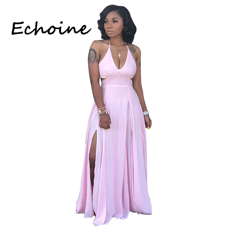 

Echoine Sexy Spaghetti Straps Dress Solid Color Hollow Out High Split Women Summer Beach Dress Plus Size 3 Color