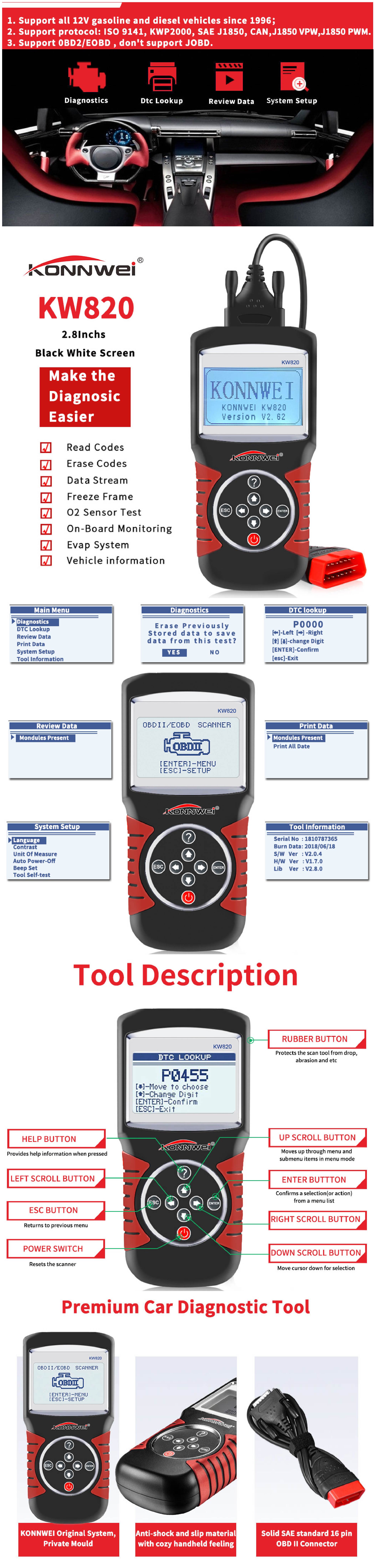KONNWEI KW820 Автомобильный сканер EOBD OBD2 диагностический инструмент считыватель и сканирующие инструменты, совместимые с американским, Европейским и азиатским транспортным средством