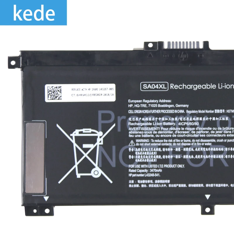 Kede SA04XL аккумуляторная батареядля ноутбука HSTNN-OB1F HSTNN-OB1G L43248-AC1 L43248-AC2 15,4 V 55.67Wh 3470 мА-ч