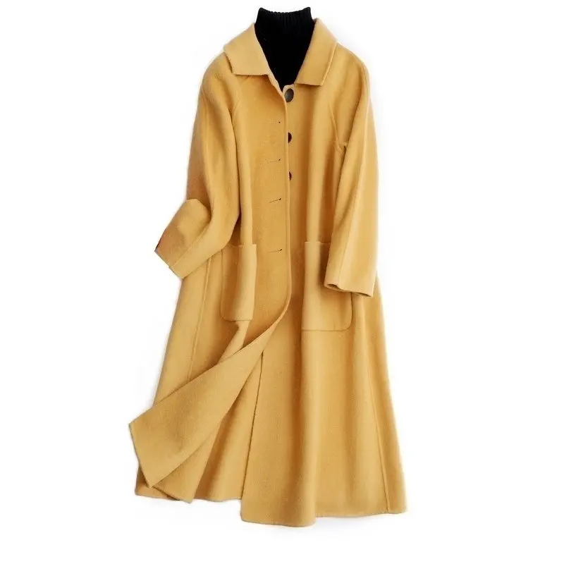 Высокое качество, осень, шерстяное пальто, альпака, теплое зимнее пальто для женщин, желтое длинное шерстяное пальто, офисное женское тонкое пальто