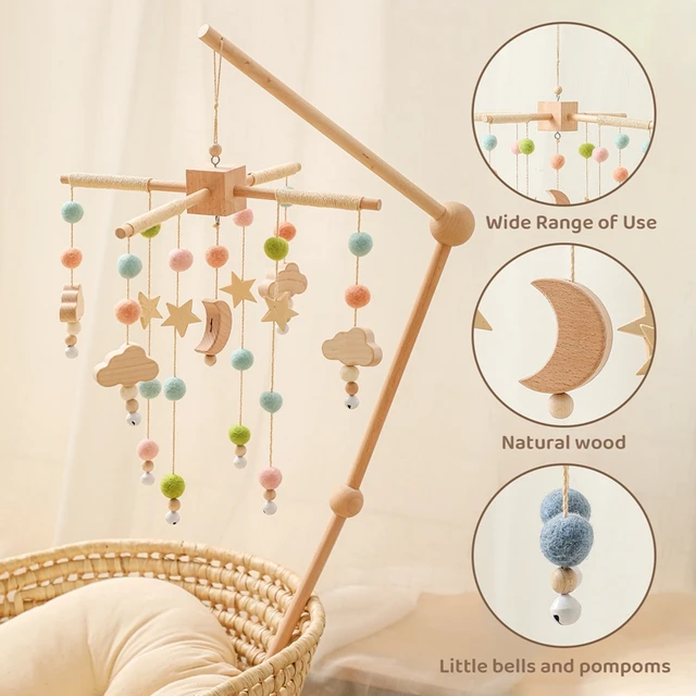 0 -12 Months Baby Rattle Crib Mobile Toys Star Moon Wooden Bed Bell Musical Box Hairball Nordic Hanging Decor Accessories Gifts 1