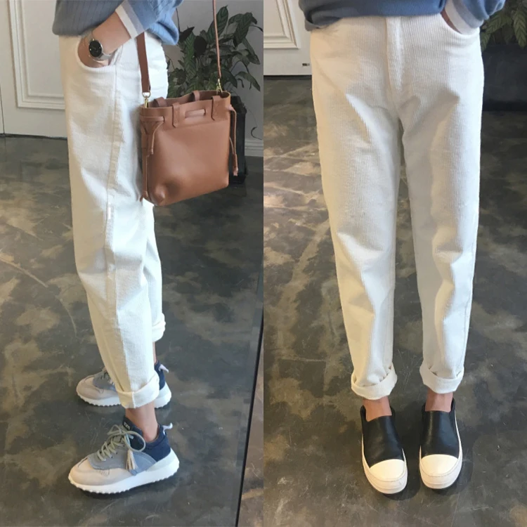 Зимние брюки женские белые вельветовые брюки с высокой талией по щиколотку шаровары корейский стиль женские брюки уличная одежда