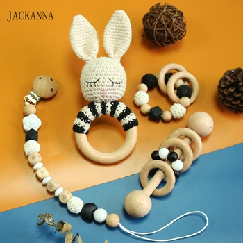 

Baby Teether Toy Crochet Animal Rabbit Teether Wooden Teething Bracelet Pacifier Chain BPA Free Nursing Gifts Rattle Teether Toy