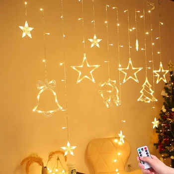 

LED Elk Star Bell Moon Curtain Lights Christmas Garlands String Fairy Outdoor For Party Home Xmas Tree Ornament New Year Decor