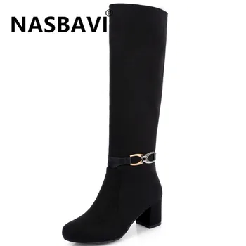 

NASBAVI 2019 new suede woman fashion Boots Solid color Round head metal belt buckle warm crude heel winter bare boots black
