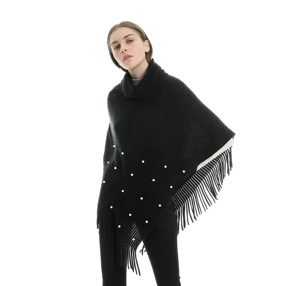 Bufandas invierno mujer, Женский вязаный шарф с воротником-стойкой, искусственный жемчуг, бисер, пончо, свитер, кисточка, шаль, накидка