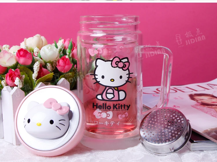Милая бутылка для питья hello kitty, прозрачная чашка для воды, молока, Kawaii, чашка для чая, для заварки чая, фруктовый заварочный фильтр для путешествий и кофе