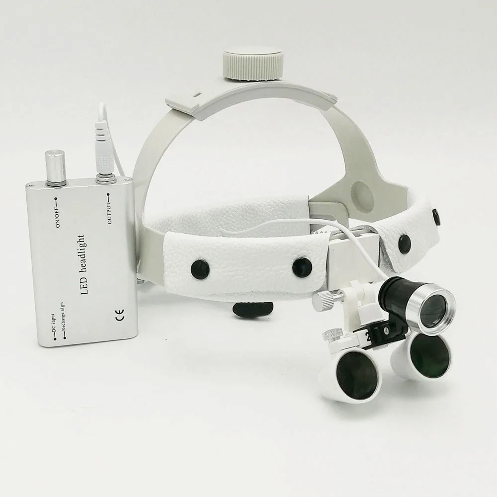 Dental Surgical Binocular 2.5 X 420mm Leather Headwear Loupe and LED Headlight - Цвет: Белый