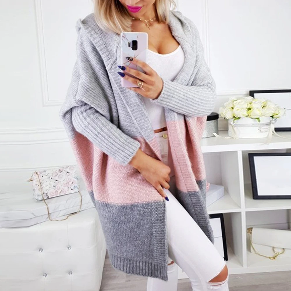 

WENYUJH Women Long Cardigan Sweater Winter Warm Coat Patchword Sweater For Lady Casual Stripe Hooded Sweater Long Cardigans Coat