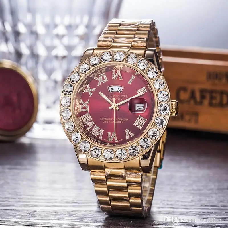President Day Date Gold Perpetual Luxury mens watch Big diamond Bezel Gold Stainless steel original strap Automatic men Watches