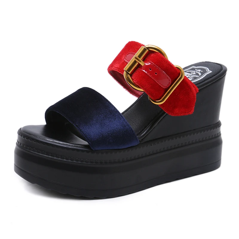 

2019 Women 11cm High Heels Wedges Green Sandals Lady Slippers Mules Summer 5cm Platform Buckle Blue Chunky Luxury Shoes YHC-109