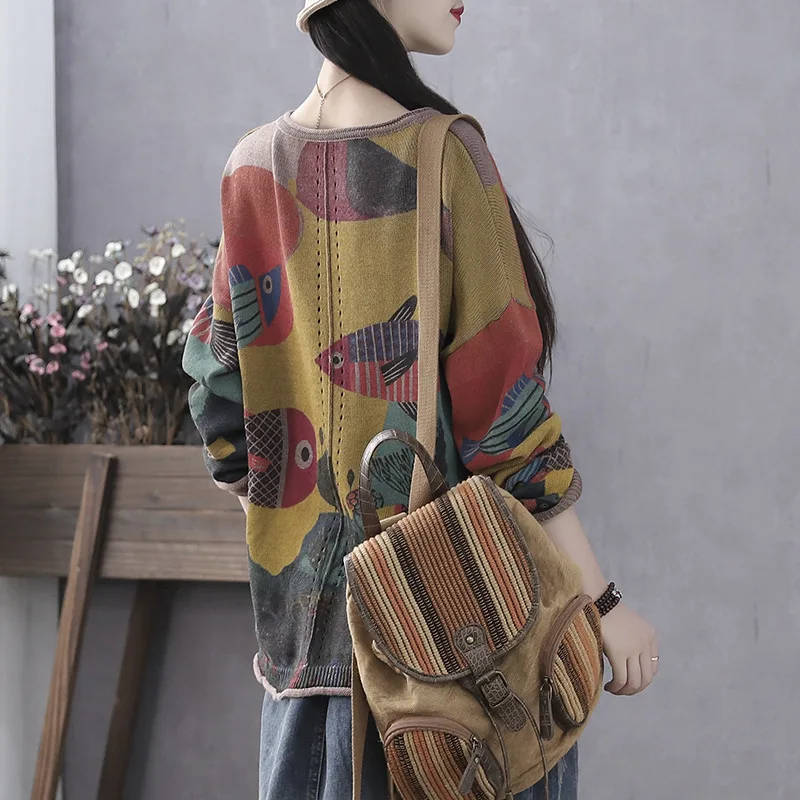 Новинка, осенне-зимний модный вязаный свитер свободного размера плюс с цветочным принтом, женский свитер для отдыха в стиле ретро, подходит ко всему