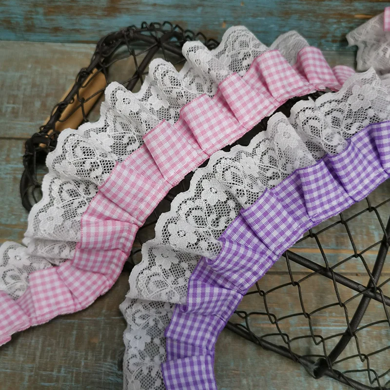 Lace Fabric Lace Ribbon Lace Garment Accessories Sewing Patches Lace Sewing Supplies Lace Decoration Lace Accessories Lace Sewing Accessories Clothing Accessories Lolita Style Double-layer Lattice Webbing Pleated Lace DIY Children's Clothing Doll Hat Dress Collar Skirt Hem Sewing Decoration