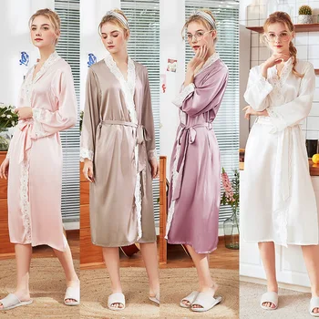 

2020 Faxu Silk Women's Pajamas Summer Long Home Long-Sleeved Robe Bathrobe Women's Penear Sleepwear Night Dress sexy night dress