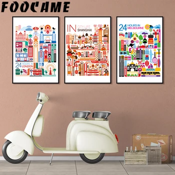 

Cartoon Cityscape London Melbourne Shanghai Poster Art Canvas Painting Modern Home Decoration Print Wall Picture Living Room