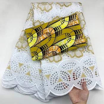 

High Quality African Punch Cotton Lace Fabric 2.5 +3 yards wax fabric 2020 New white and Gold Swiss Voile Lace for party dress