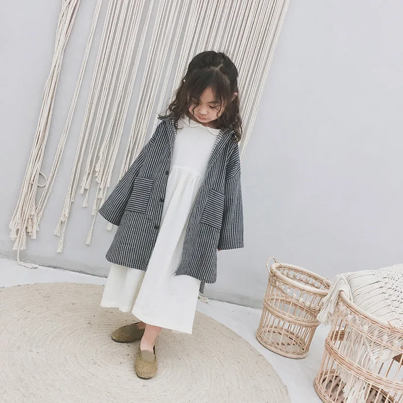 Spring And Autumn New Products Children Long Cotton Linen Shirt han ban Stripes Long Shirt Loose-Fit Shirt Coat