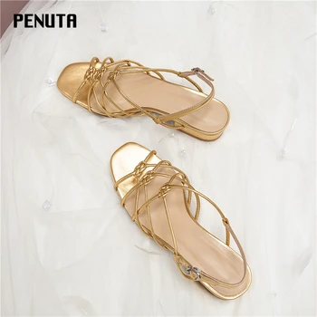 

2020 PENUTA Knot Shoes Low Heel Sandals Plus Size Wedding Shoes Gold Silver Ladies Summer Sandals Comfortable Footwears X0080