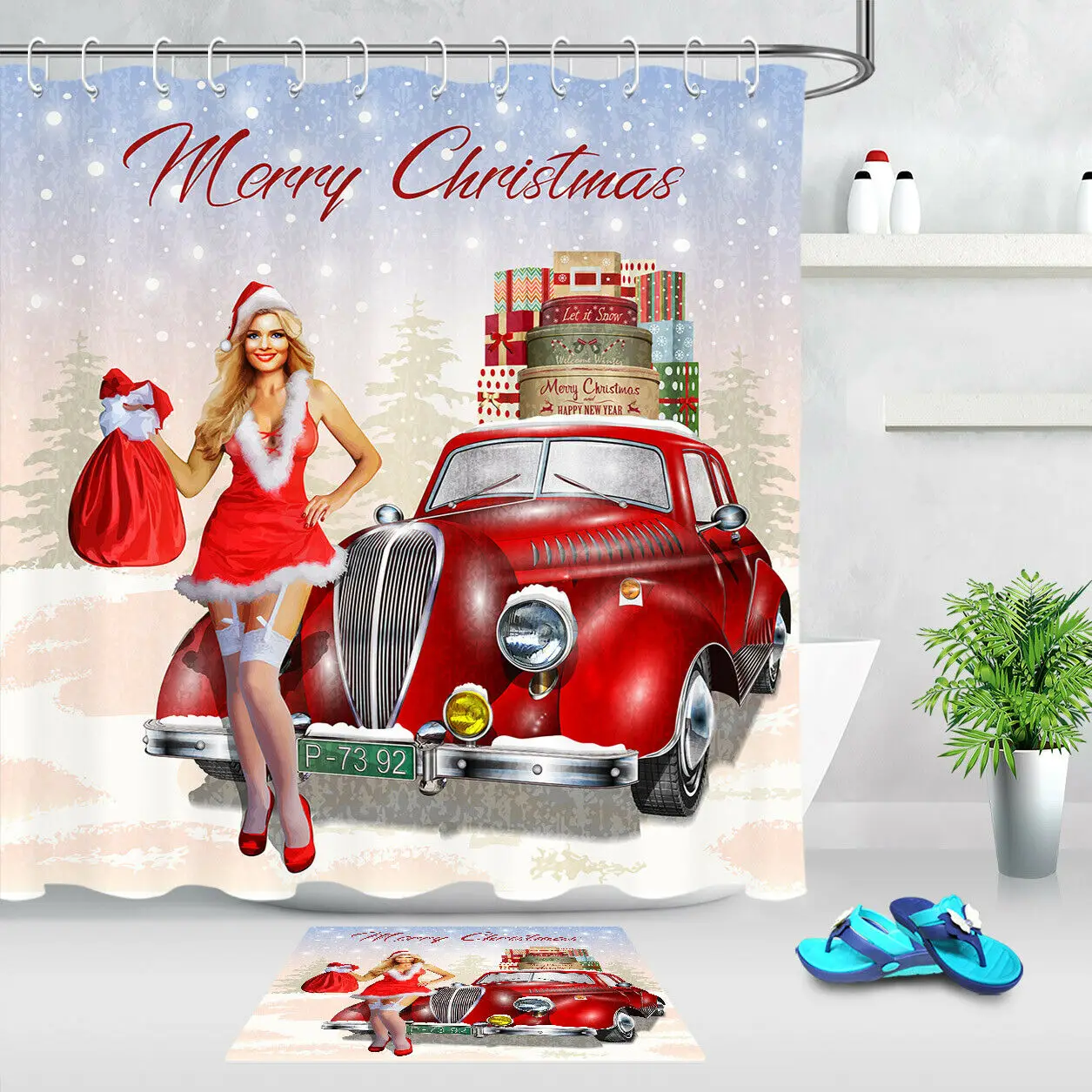 Retro Red Truck Christmas Pin Up Girl Fabric Shower Curtain Set