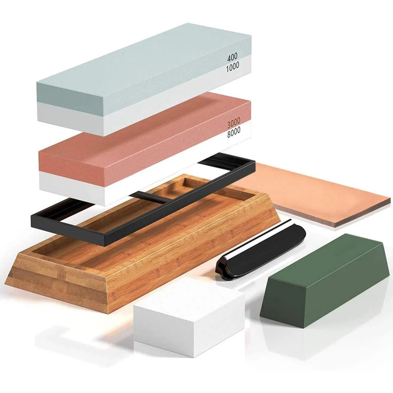 Knife Sharpening Stone Set 400/1000 3000/8000 Grit Whetstone Kit Flattening Leather Honing Strop and Polishing | Дом и сад