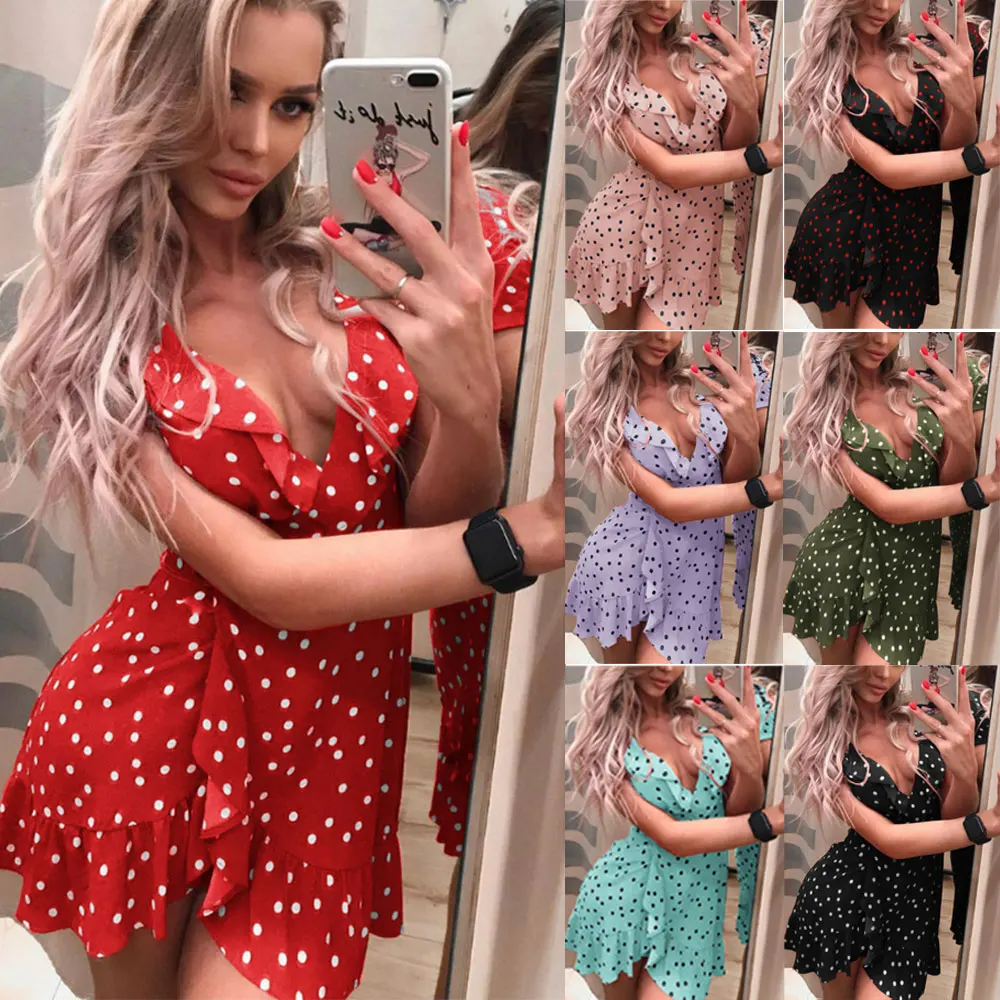 Boho женское летнее сексуальное платье в горошек мини-платье с оборками и v-образным вырезом пляжное красное черное белое платье короткий рукав сарафан хит
