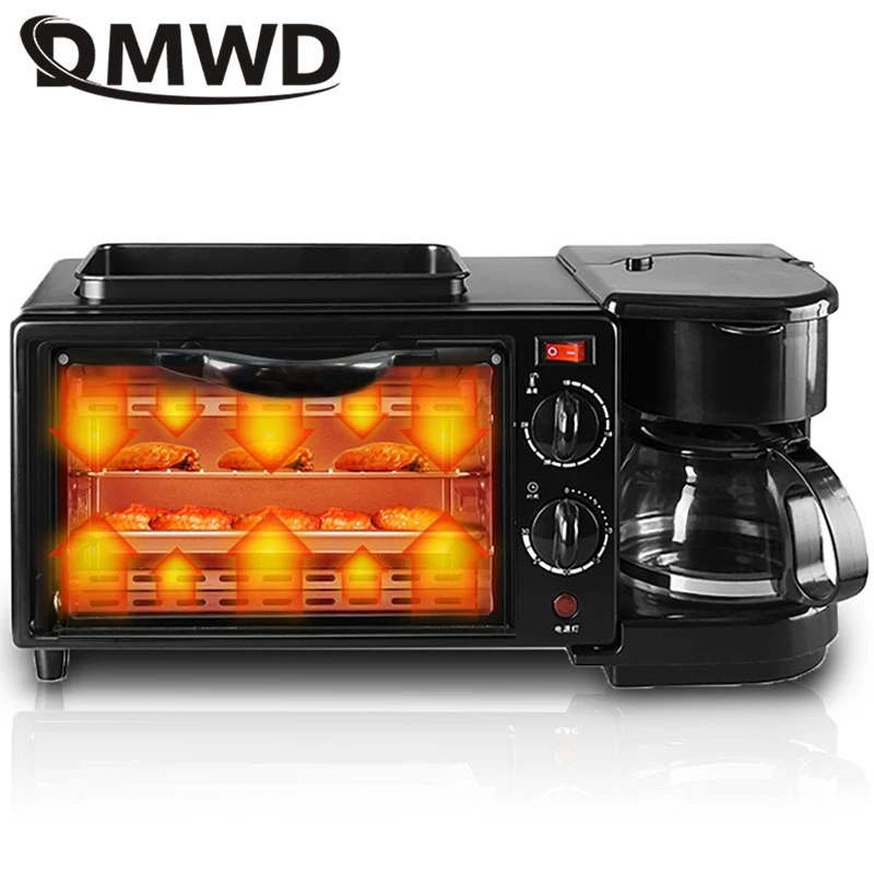 DMWD Household 3 In 1 Breakfast Machine 220V Bread Toaster 9L Electric Oven Coffee Maker Pizza Egg Tart Oven Frying Pan Tea Pot 5