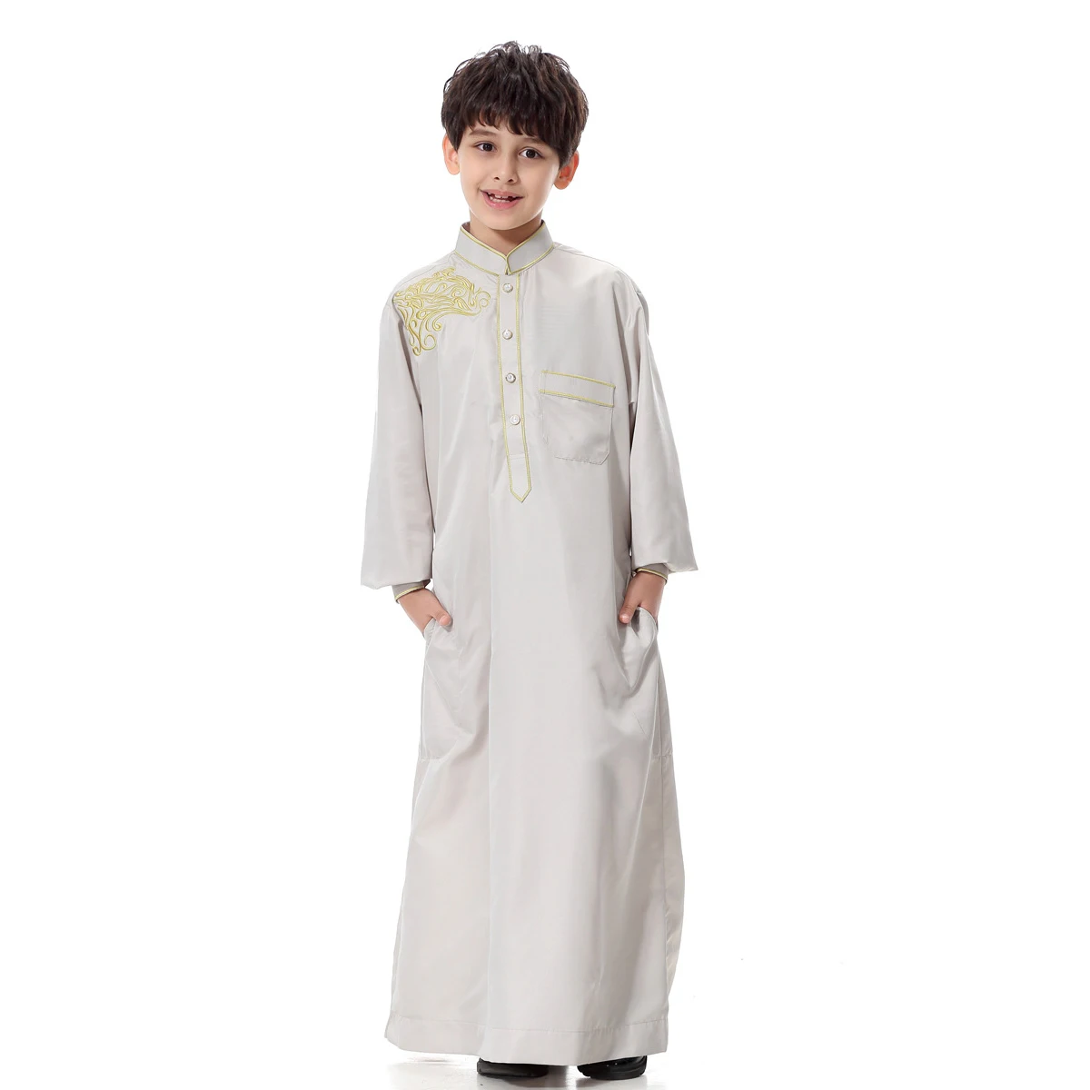 Арабский халат для мальчика-подростка; детская одежда с длинными рукавами и вышивкой в Саудовской Аравии; мусульманская одежда; Мужская Тауб Рамадан; костюмы; кафтан - Цвет: Silvery Gray Thobe
