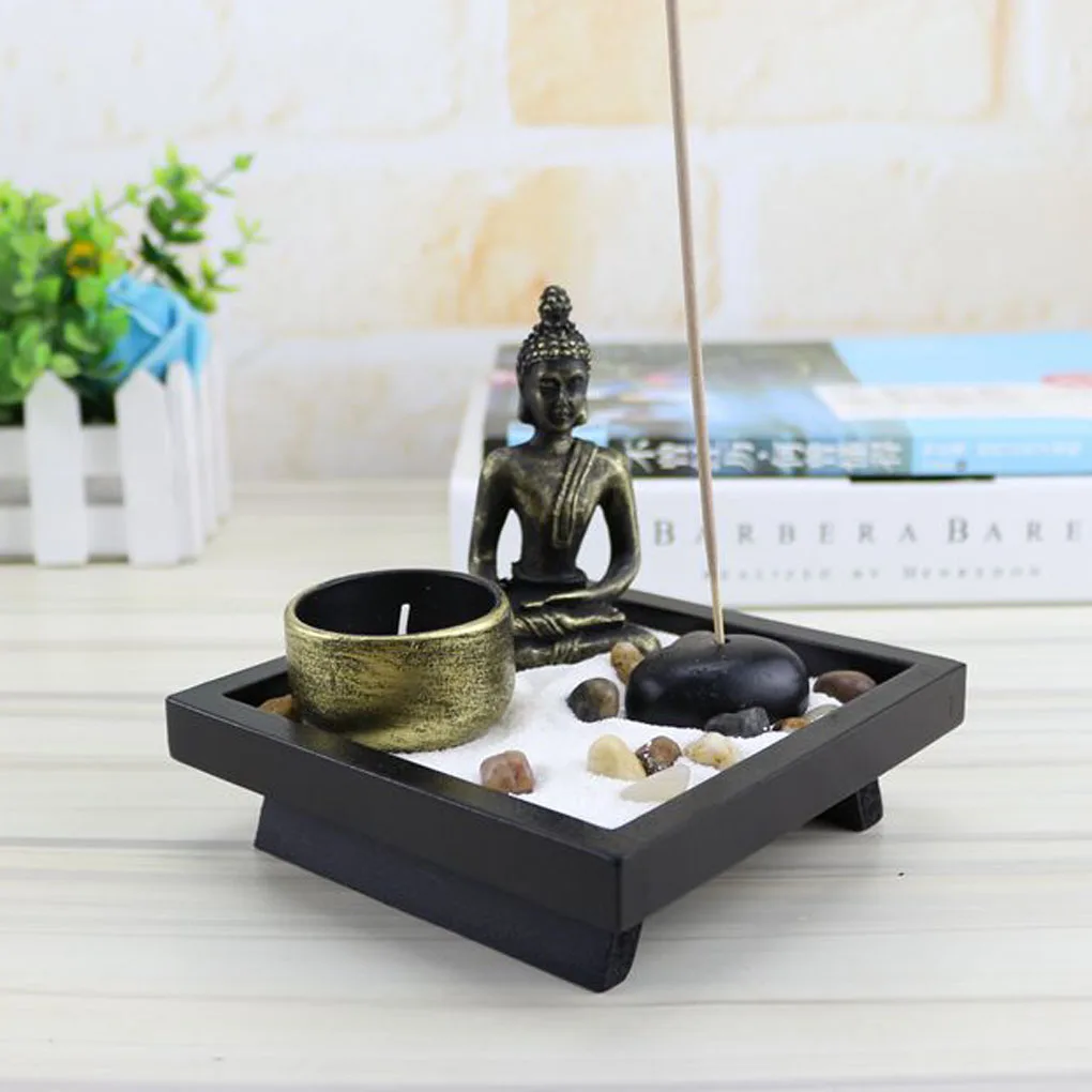 Desk Meditation Garden Buddha Statue with Tealight Incense Holder Rocks