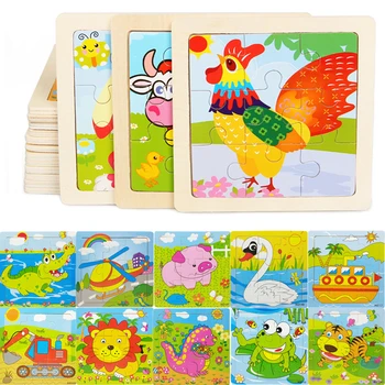 Wooden 3D Puzzle Jigsaw Tangram for Children Baby Cartoon Animal/Traffic Puzzles Intelligence Kids Toy Educational Learning Toys 1