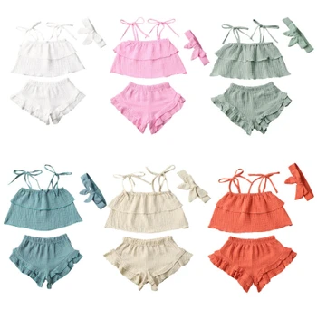 

18M-4Years Baby Girls Knitted Clothes Straps Sleeveless Ruffled Vest Top Bloomer Shorts Headband Summer 3Pcs Outfits