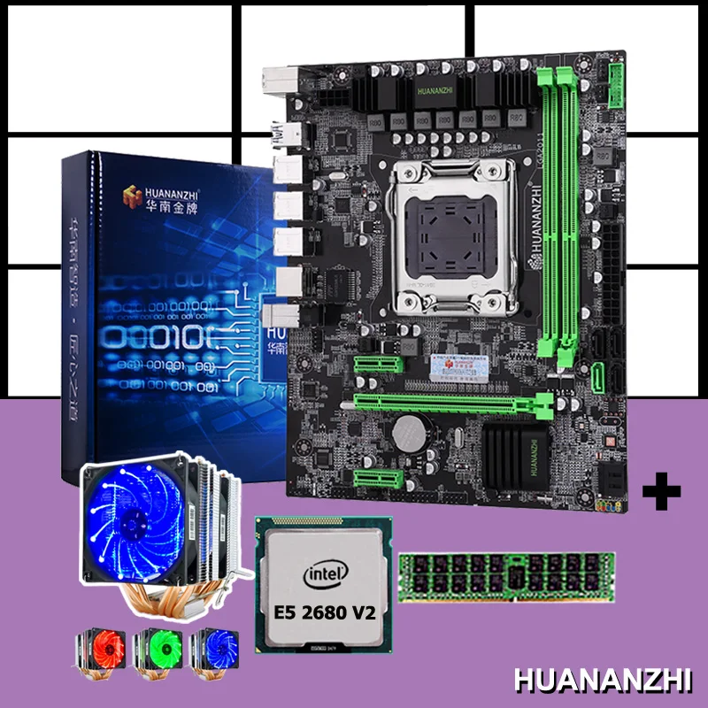 Best Price PC hardware supply HUANANZHI X79 motherboard with CPU Intel Xeon E5 2680 V2 with 6 heatpipes cooler RAM 8G DDR3 1600 REG ECC