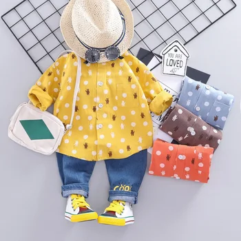 

2019 summer baby girl clothing boy casual lapel long-sleeved shirt shirt + jeans two-piece newborn sports suit male baby suit