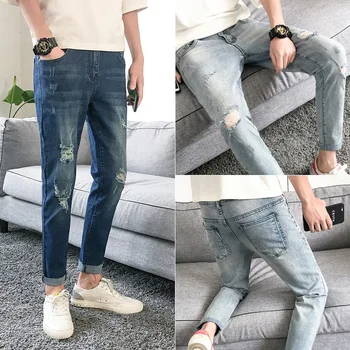 

Network 2019 Summer Men Cowboy Hole Xiu Elastic Force Feet Nine Points Pants