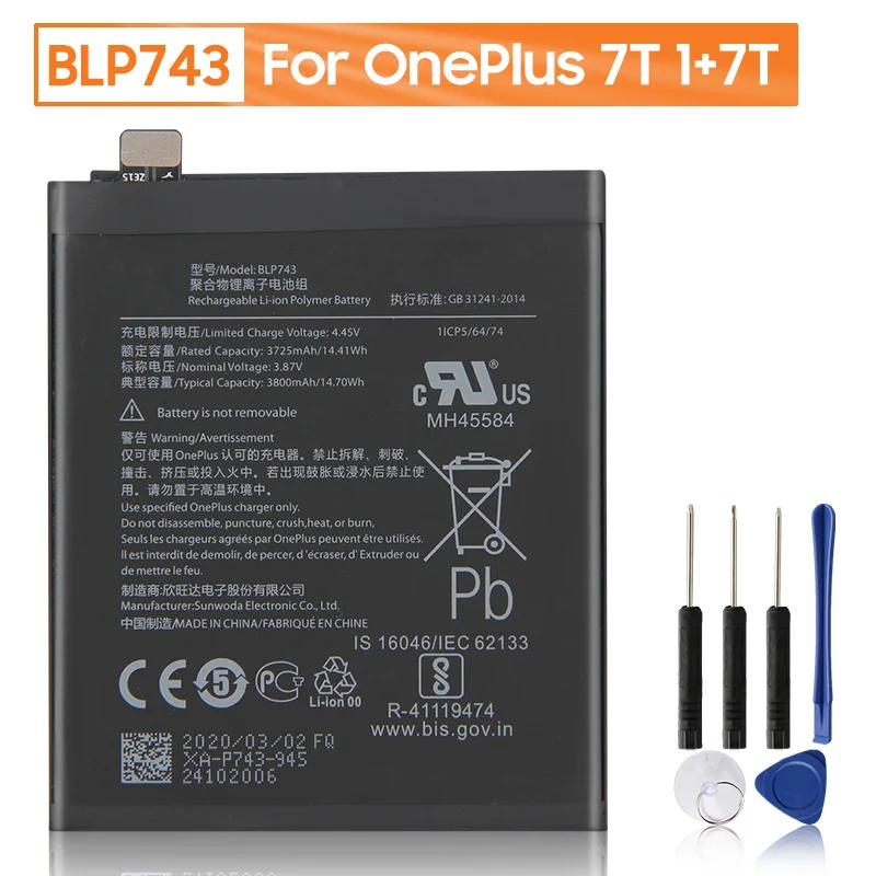 

Original OnePlus Replacement Phone Battery BLP743 For OnePlus 1+7T One Plus 1+7T Genuine Phone Battery With Free Tools 3800mAh