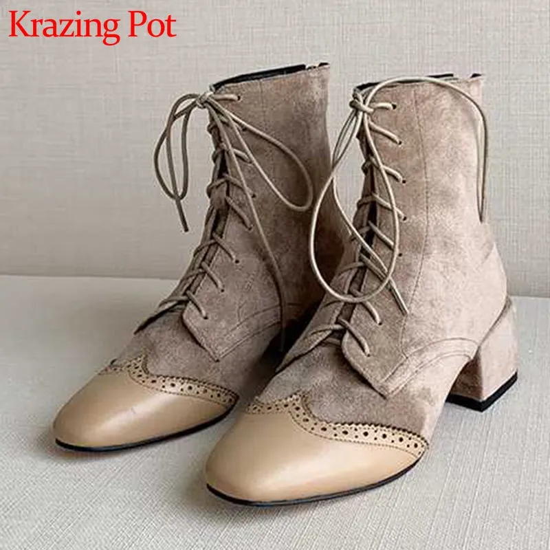 

Krazing Pot brogue carved cow leather patchwork flock round toe med heels back Zipper women winter lace up warm ankle boots L7f3