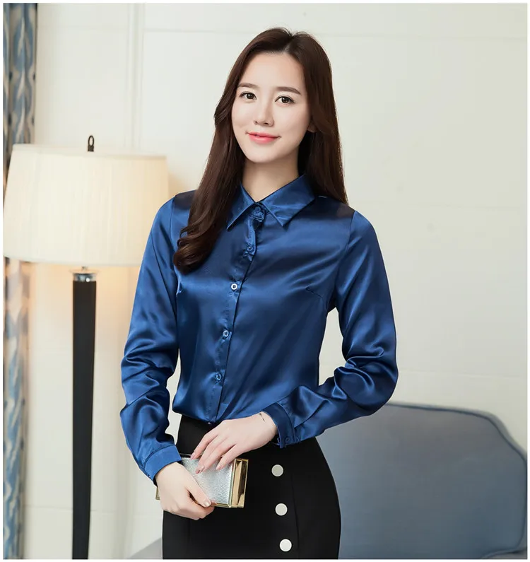 New Satin Silk Shirt Women Long Sleeve Vintage Work Wear Tops Purple Green Blue Blouse Shirt DV790