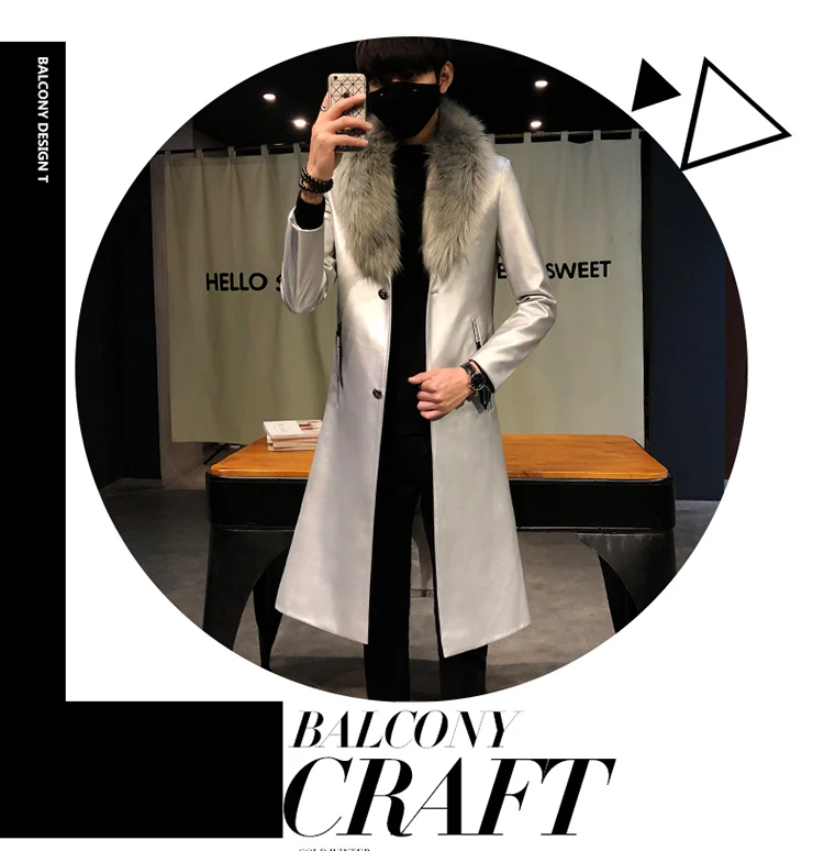 Для мужчин пальто роскошный Veste Homme золотые длинные пальто Slim Fit Chaqueta Cuero Hombre большой меховой воротник Для мужчин s Искусственная кожа пальто-тренчи