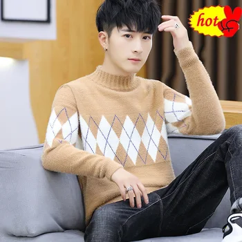 

Mink Velvet Imitation Turtleneck Slim Sweater Man Solid Color Simple Commuting Base Knitted Sweater Pullover Man Autumn Winter