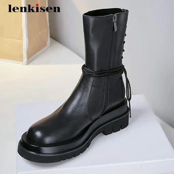

Lenkisen personality fashion real leather european style cross-tied round toe high heel zipper brand basic mid-calf boots L3f8