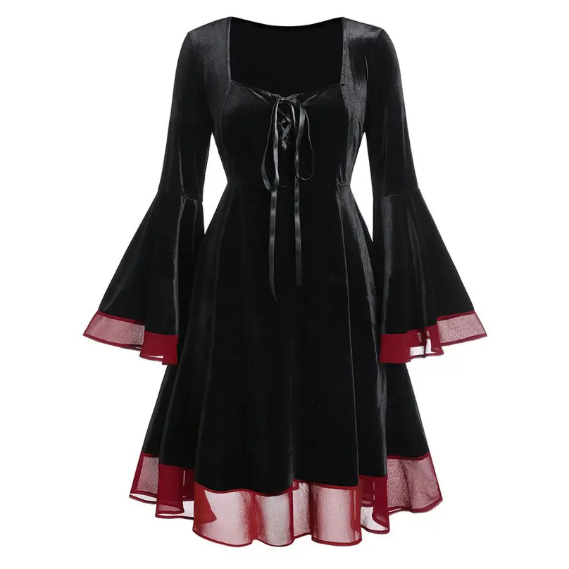 New Fashion Halloween Dress Women Velvet Plus Size Halloween Lace Up Patchwork Long Sleeve Mini Dress Vestidos 4S04 (11)