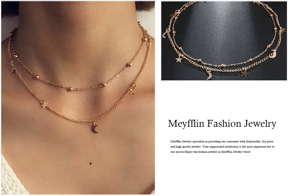 Meyfflin винтажное ожерелье в стиле панк, луна, звезда, новинка, модное золотое, Серебряное, Двухслойное ожерелье для женщин, ювелирные изделия в стиле бохо