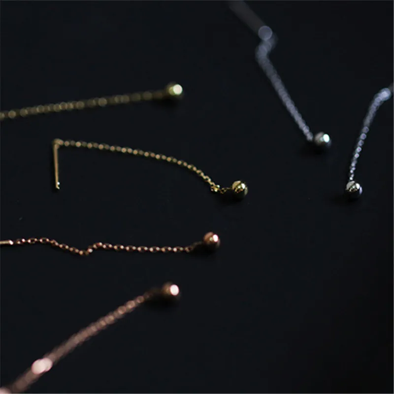 925 Sterling Silver 14K Gold Plating Round Bead Stud Earrings Women Long Line Tassel Earrings Temperament Wedding Jewelry