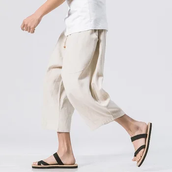 

Summer Linen Mens Loose Drawstring 3/4 Short Trousers Pants Cotton Solid Fashion