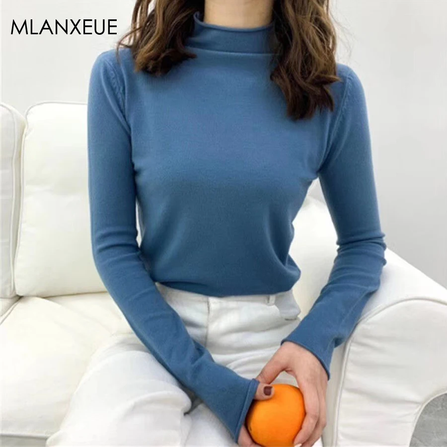 Solid Turtleneck Slim Knitted Sweater Women Winter Warm Wild Long Sleeve Bottoming Tops Fashion Elegant Knit Pullovers Sweater